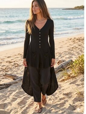 Free People Beach Henley Ribbed Up Maxi Cardigan Black Small